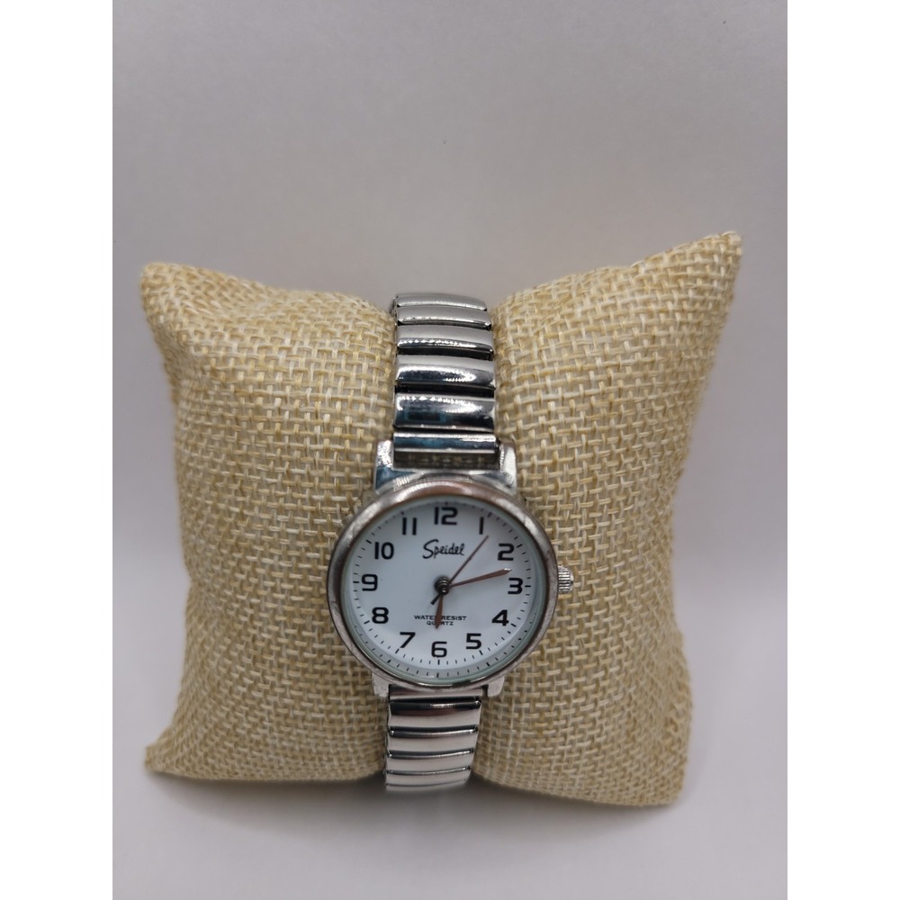 Speidel Quartz Wristwatch White Dial Silver Tone Expansion Band Easy Read Watch